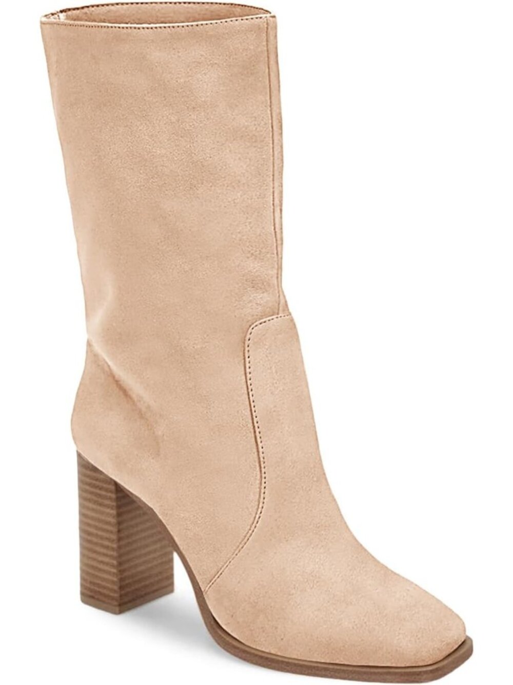 Women’s Nude Suede Chunky Stacked Square Toe Side Zipper Fashion Mid-calf Boots